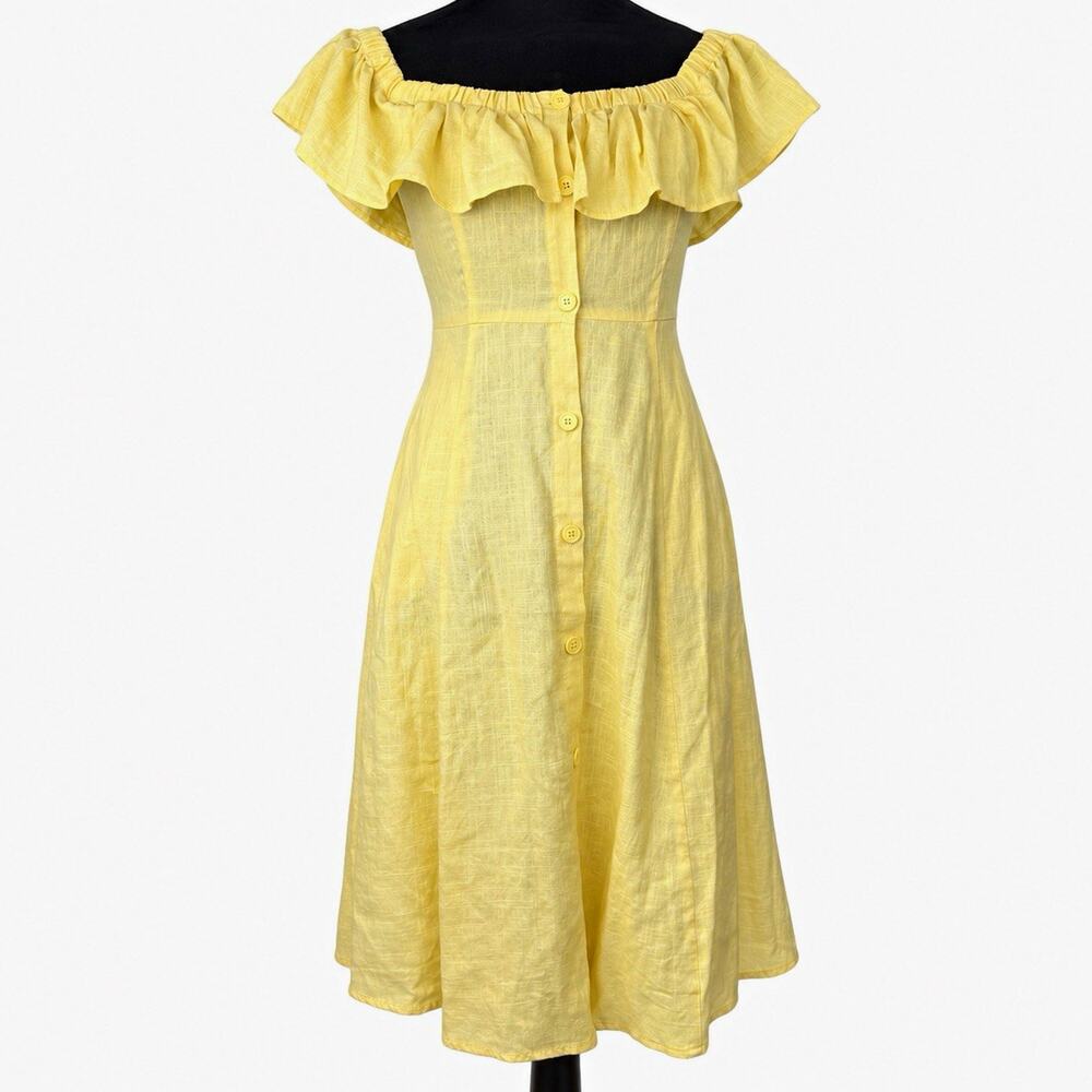 Yellow Linen Off Shoulder Ruffle Button Front Midi Dress S Flutter Sleeve